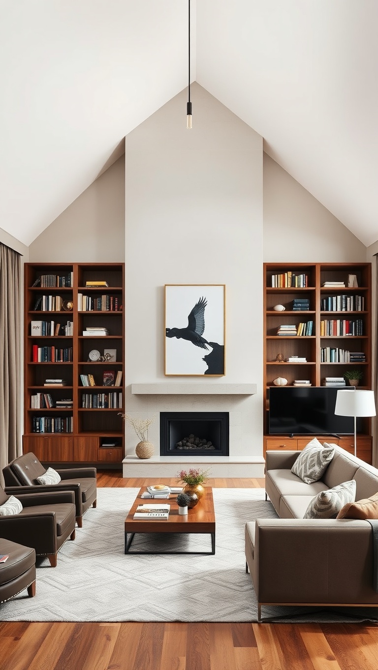 20 Stunning Ideas to Elevate Your High Ceiling Living Room - 1. Embrace Vertical Space with Tall Bookshelves