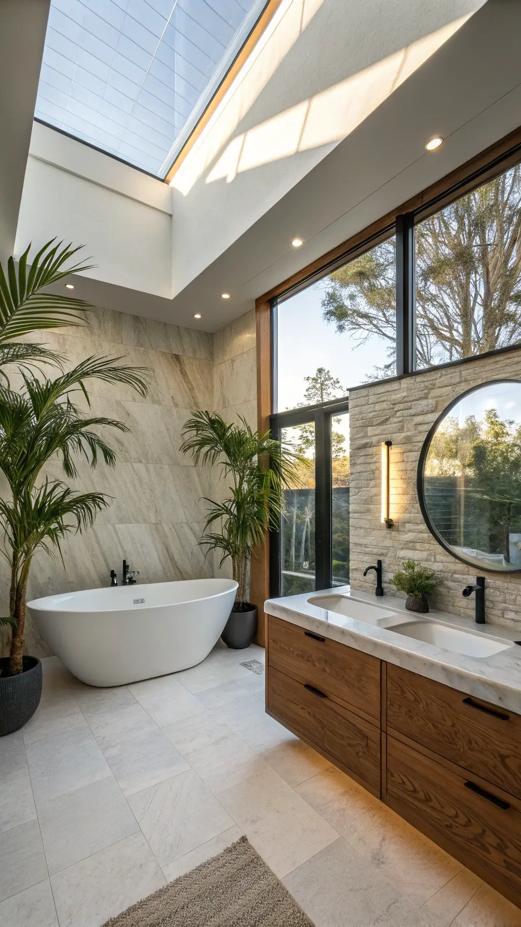 Modern bathroom sanctuary with natural light and greenery