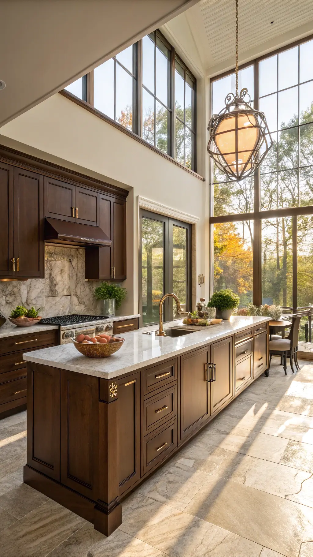 modern kitchen with chocolate brown cabinets, fluted walnut island, brass hardware, marble waterfall countertops, artisanal ceramics, copper cookware, fresh herbs in terracotta pots