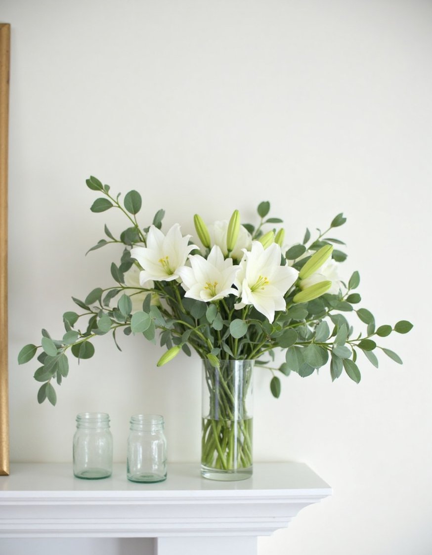 Spring mantel decor ideas - Refined White Lily Mantel Arrangement for Spring - A sleek white mantel adorned with white lilies and eucalyptus in clear glass vases.