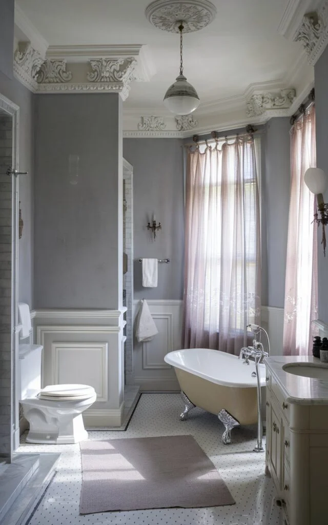 A photo of a sophisticated European-style bathroom with soft gray walls and a subtle matte finish. The room features ornate white crown molding and classic wainscoting. A vintage-inspired clawfoot tub, polished chrome fixtures, and a marble countertop complete the look. Soft natural light filters through sheer curtains, highlighting elegant details and creating a serene atmosphere. The bathroom contains a toilet, shower area, floor rug, and a ceiling pendant light.