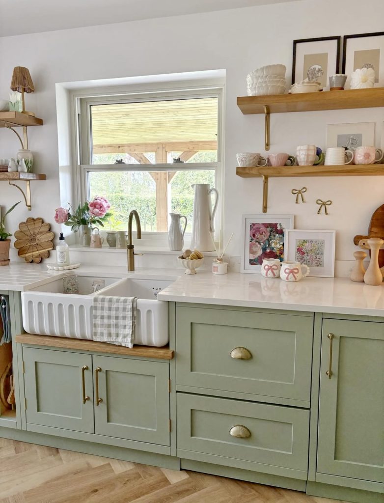 Soft Green Cabinets and Vintage Kitchen Decor