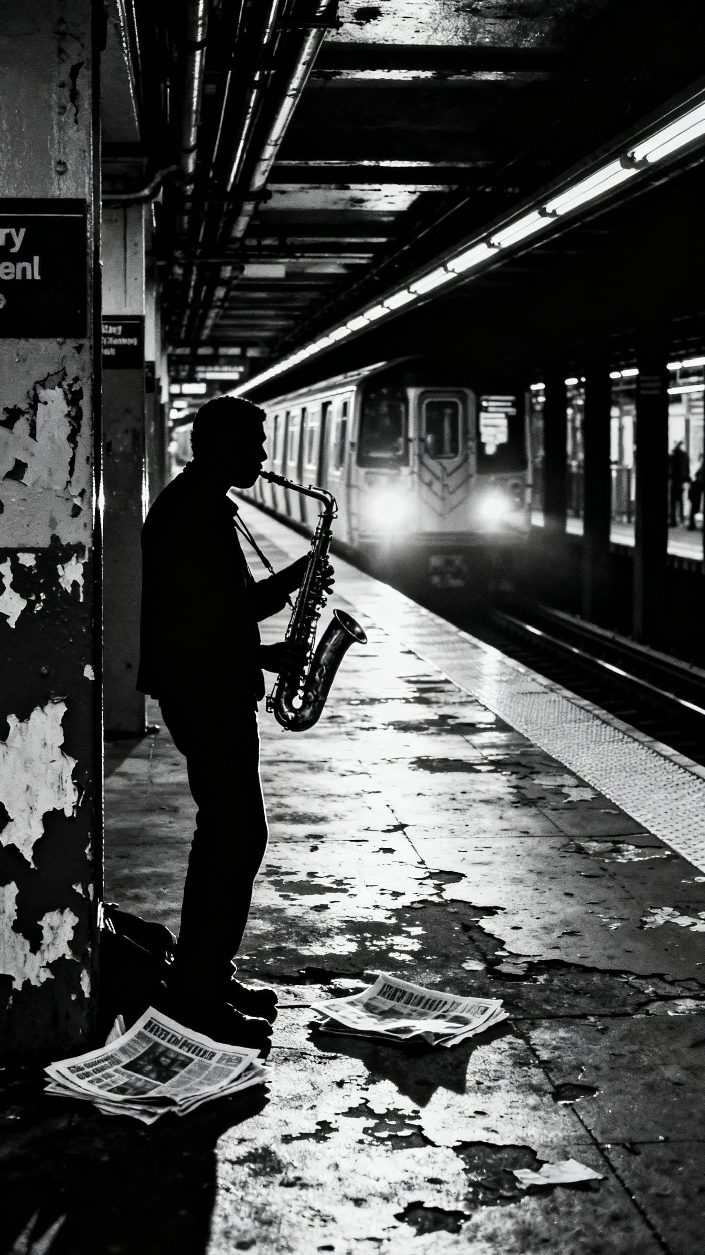 Urban City Photography - Subway Melodies: The Soul of Underground Music - A street musician passionately plays saxophone on a subway platform, silhouetted by approaching train lights.