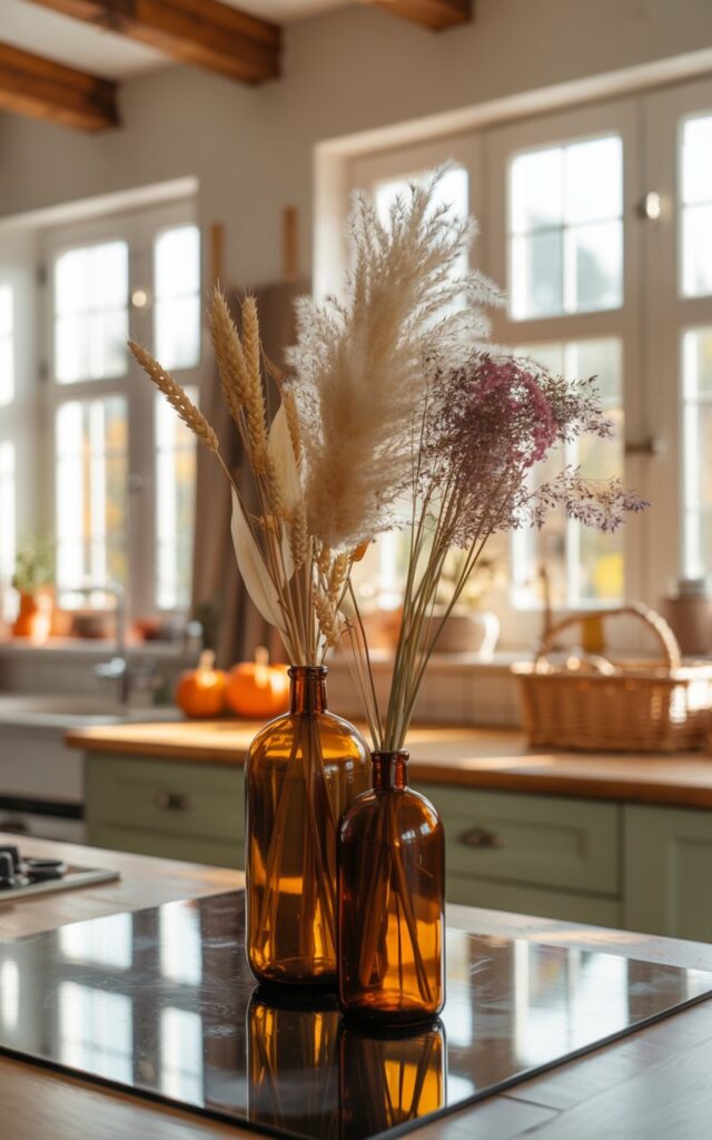 Amber glass bottles filled with dried wheat stalks and pampas grass on a glass kitchen island.