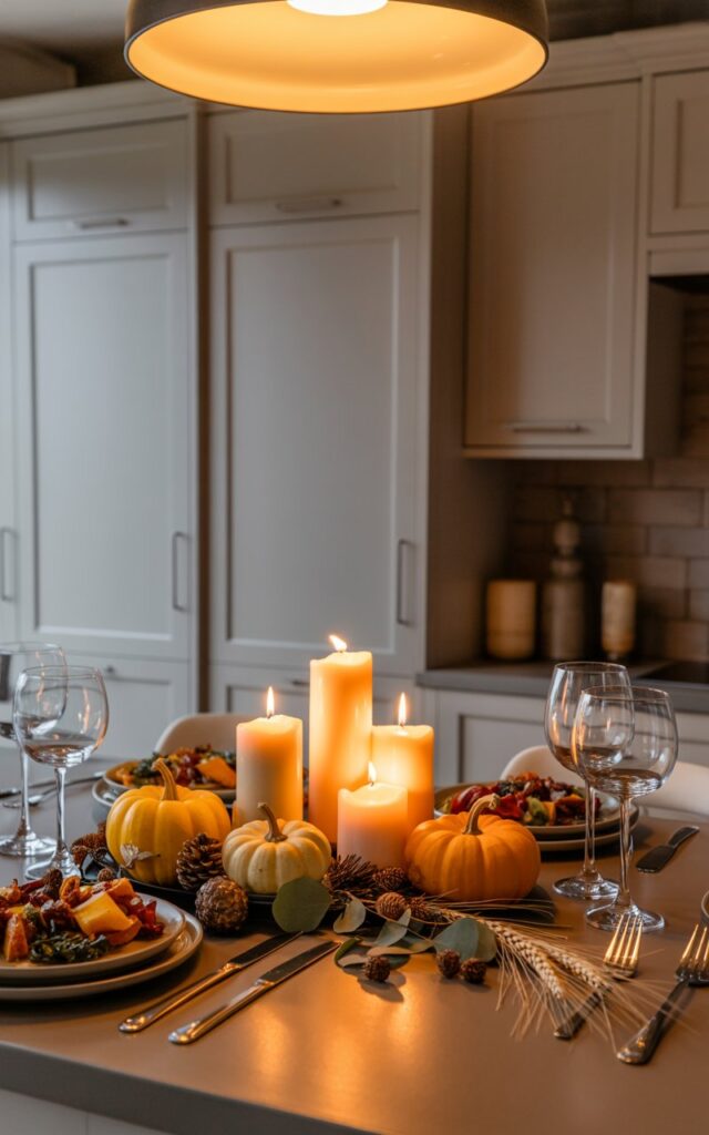 Coastal kitchen island with pillar candles of different heights surrounded by pumpkins and pinecones.