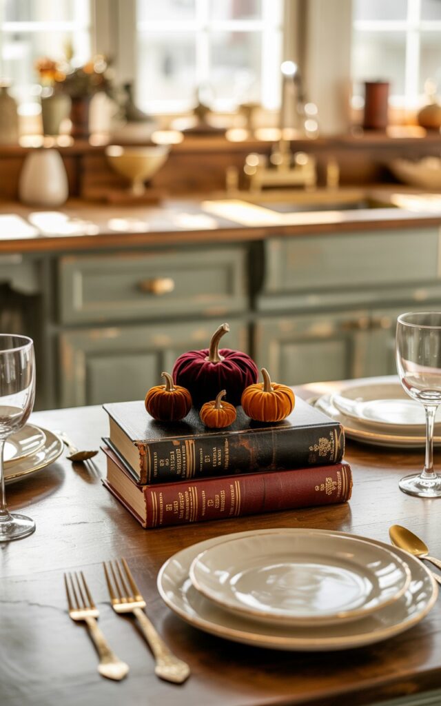 Vintage books topped with small velvet pumpkins on a kitchen island.
