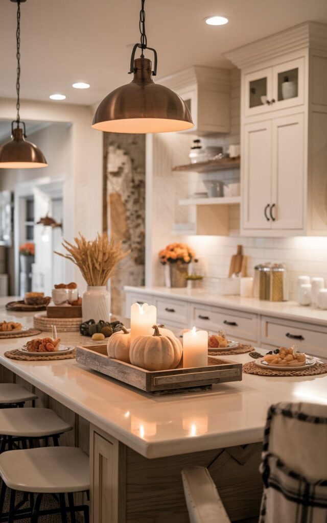 A modern farmhouse kitchen island adorned with a rustic wooden tray holding small pumpkins and candles, surrounded by warm neutral tones and wood accents.