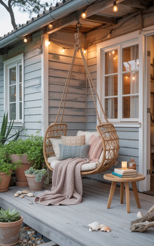 Coastal-boho patio with a woven rattan hanging swing chair