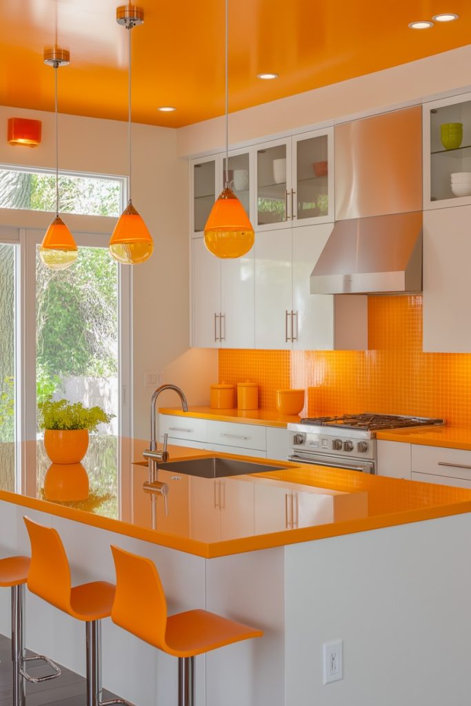 Modern kitchen with bright orange decor, orange pendant lights, chairs, backsplash and countertop. White cabinets and stainless steel appliances complement the design.