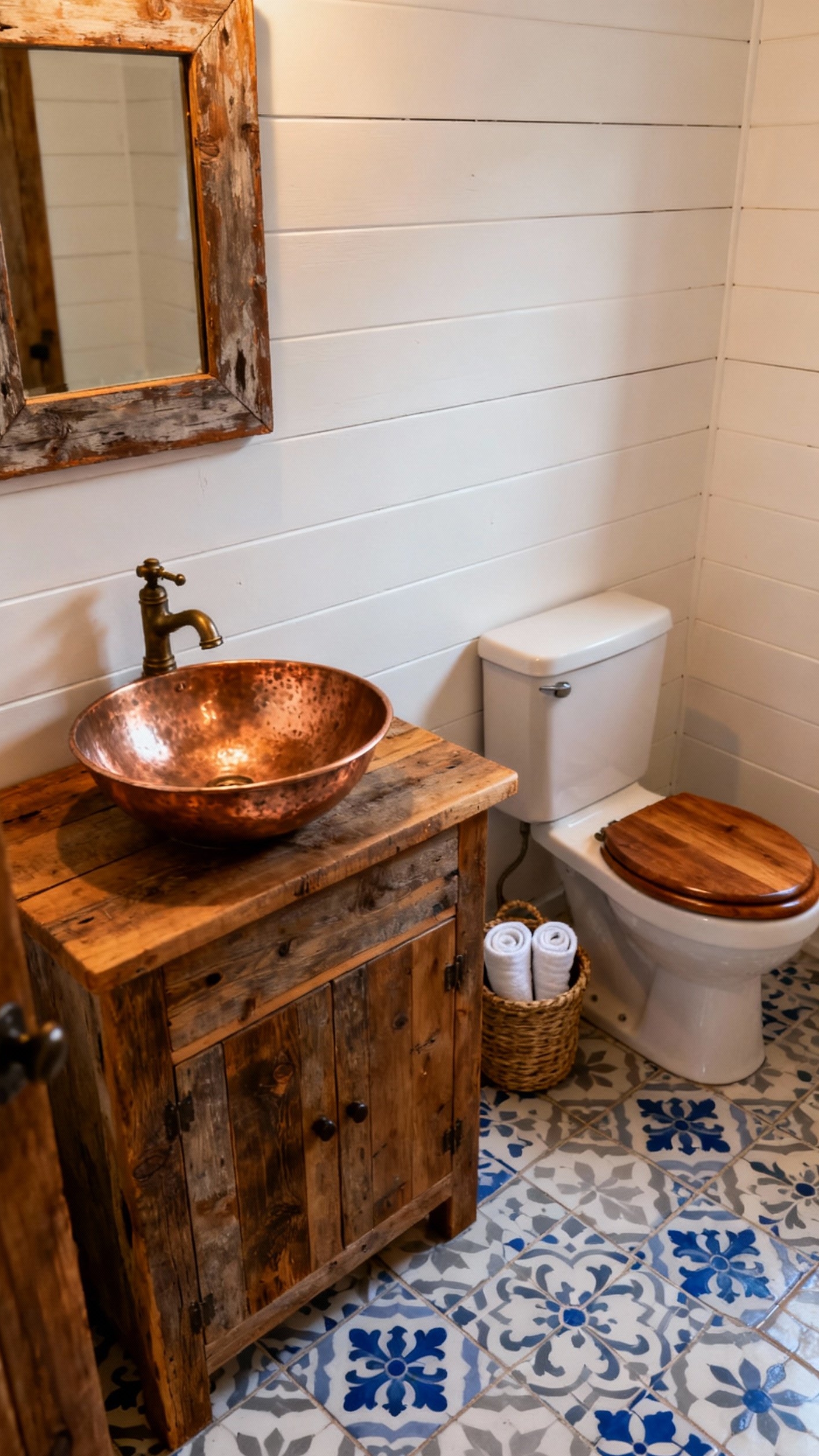 Small Guest Toilet Ideas - Maximizing Style in Compact Guest Bathrooms - Rustic-chic design with white shiplap walls and reclaimed wood vanity