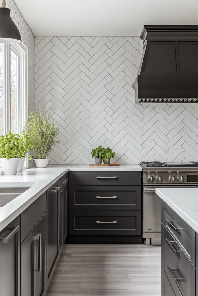 Modern kitchen with black cabinets, stainless steel appliances and a white herringbone tile backsplash. Potted herbs are placed on the countertop next to a window.