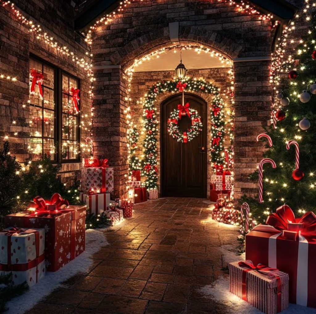 Holiday entrance with warm lights