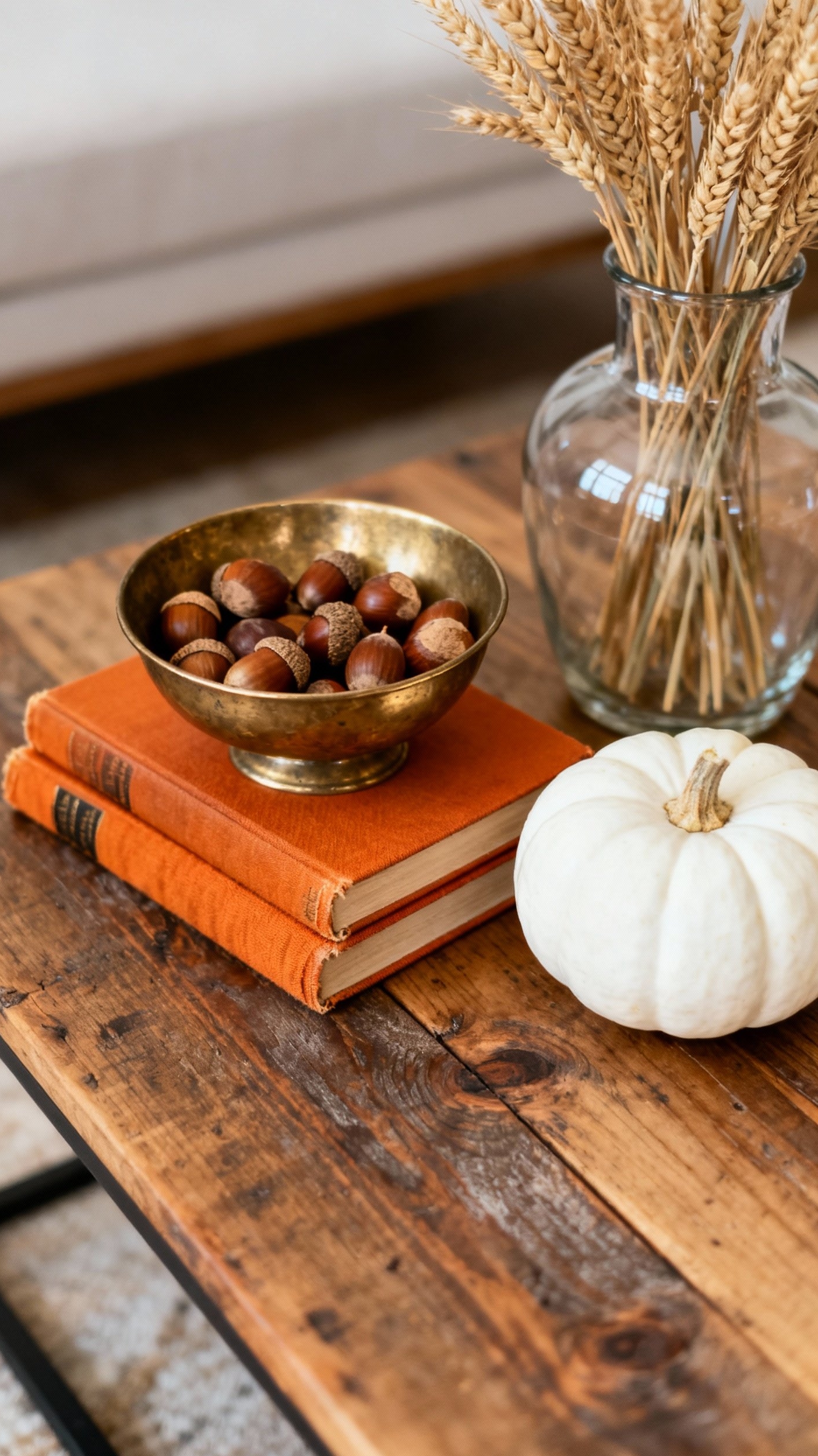 living room modern fall decor ideas - Contemporary Autumn Ambiance: Elevating Your Living Room - Rustic reclaimed wood coffee table with fall accents