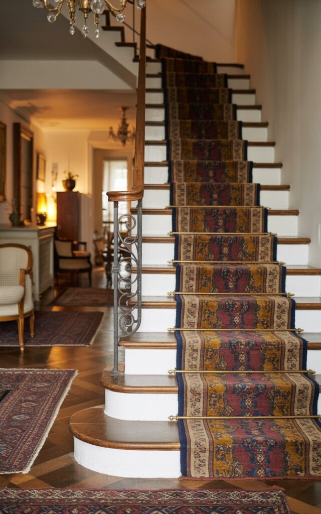 Elegant staircase with a luxurious patterned runner in rich burgundy, navy, and gold hues.