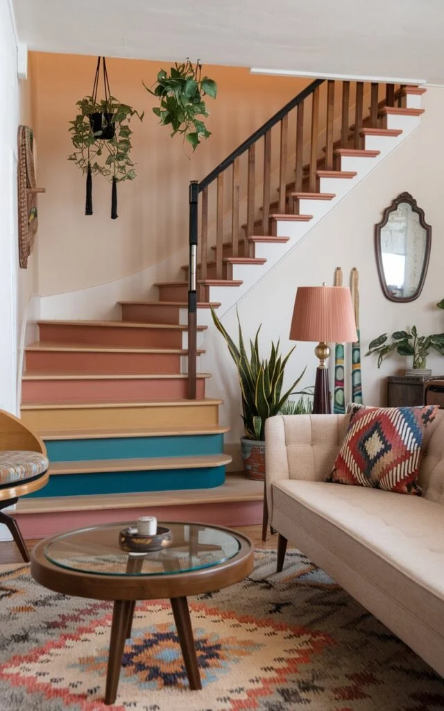 A boho and mid-century modern living room with staircase risers painted in bold, patterned warm earthy tones.