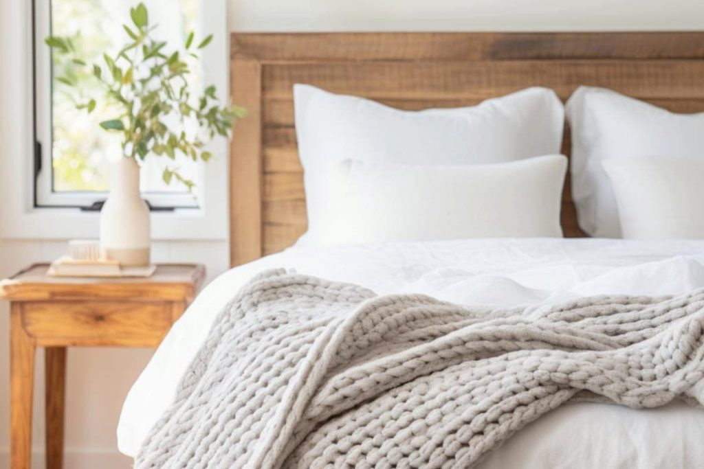 A neatly made bed with white pillows and duvet, with a coarsely knitted blanket draped over it. A wooden bedside table with a vase full of green plants and a window in the background.