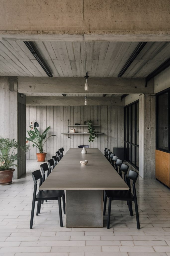 Modern minimalist dining area with long table, black chairs and concrete walls.