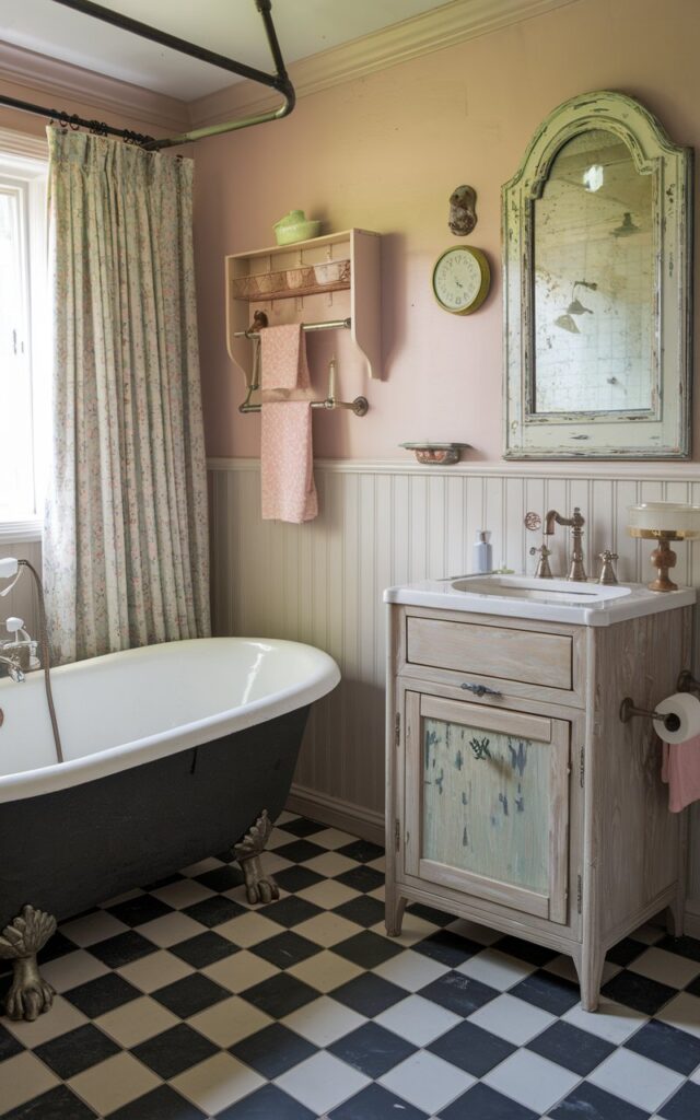 A retro French country bathroom with a black-and-white checkered floor featuring matte and glossy tiles for a textured, aged look.