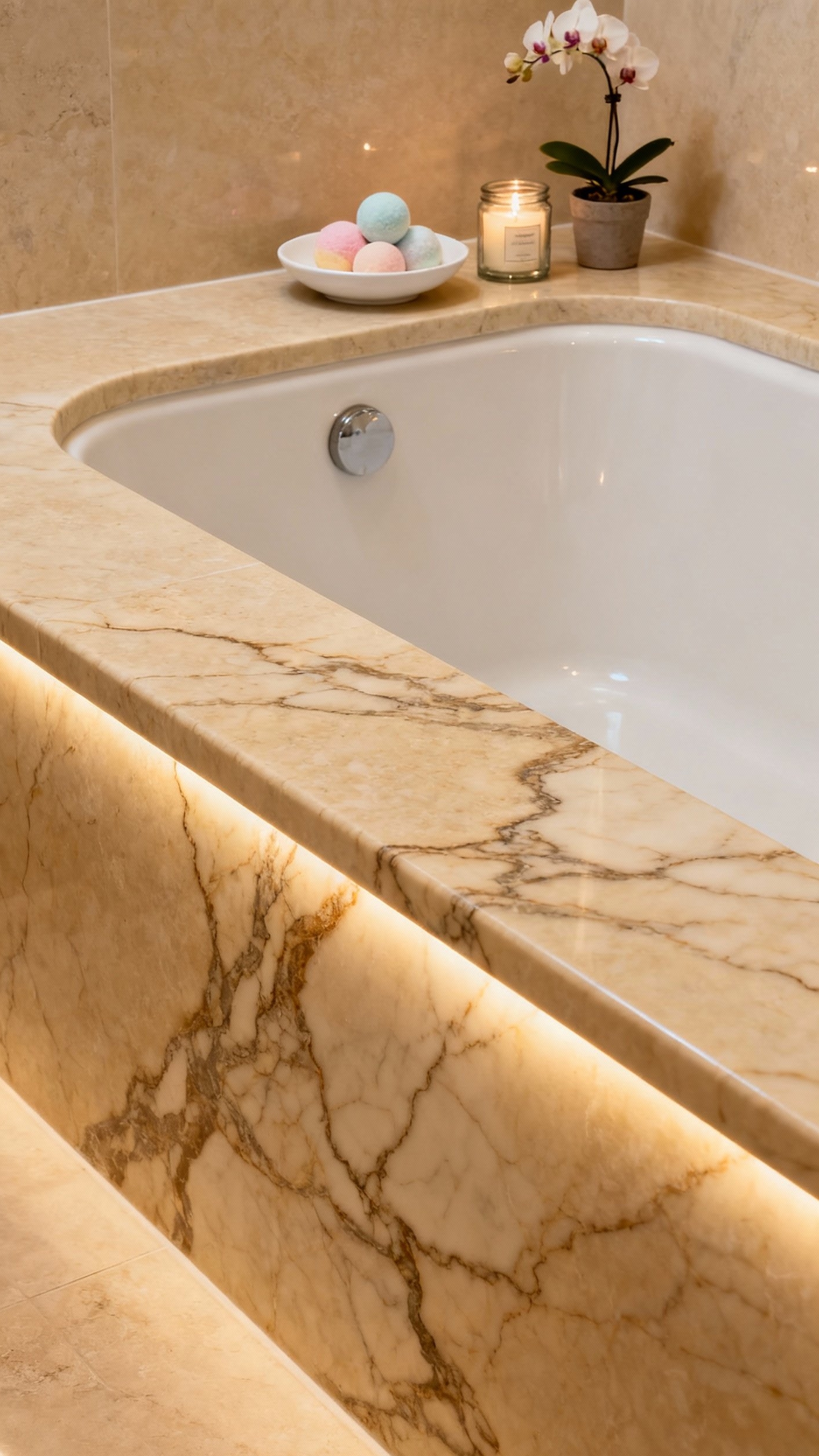 Beige marble bathroom - Refined Touches with Beige Marble Baths - Polished beige marble surrounds a built-in bathtub, creating an elegant ledge...