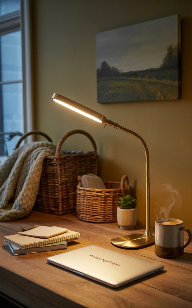 A rustic wooden desk illuminated by a brass clip-on reading lamp with a flexible neck.