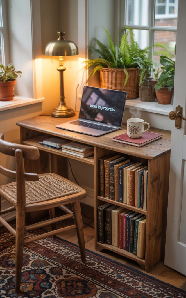 An English countryside-inspired home office with a rustic desk and a small bookshelf filled with leather-bound books beside it.