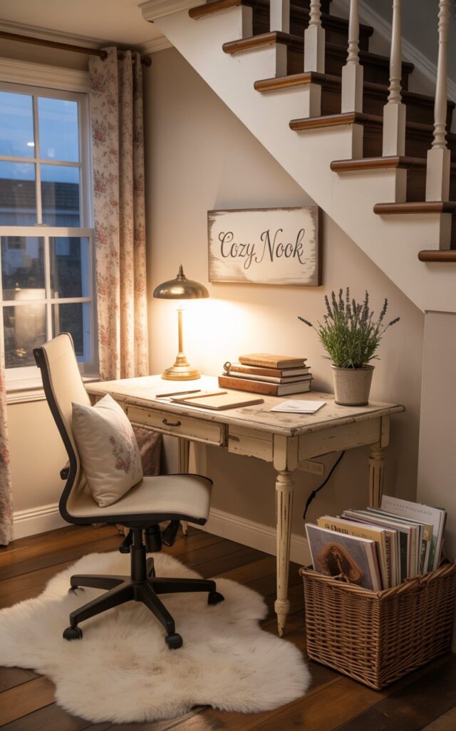 A cozy home office under a staircase featuring a plush cream rug beneath an ergonomic chair and a wooden desk with vintage accents.