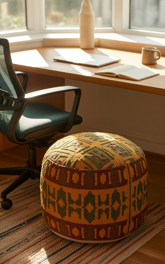 A mid-century modern home office featuring a colorful patterned pouf beside a wooden desk.
