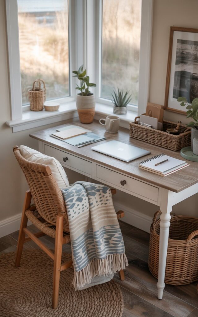 A coastal rustic home office with a soft throw blanket tucked inside a desk drawer, ready for chilly moments.