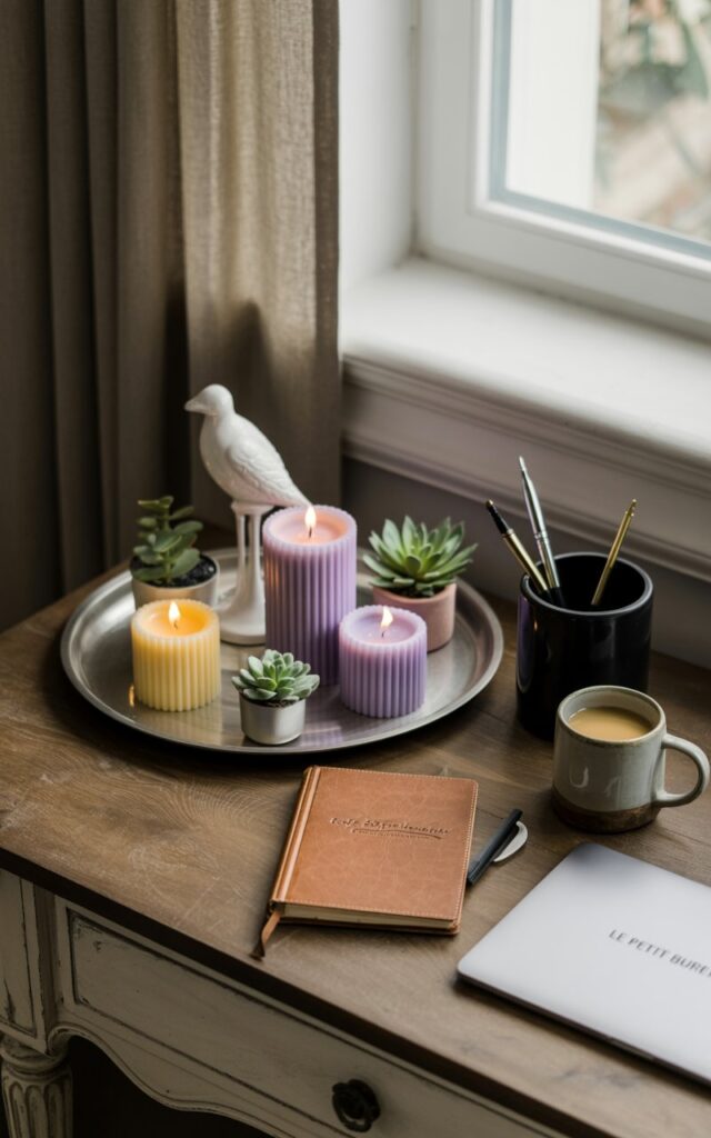A French country-style desk with a silver tray holding a collection of scented candles and small succulents.