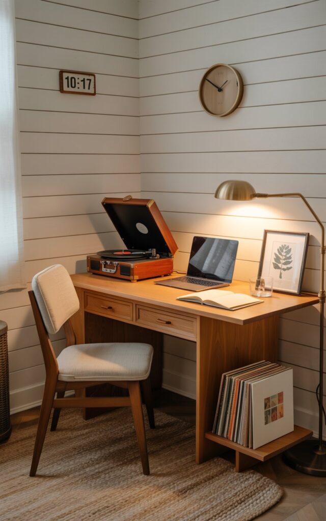 A farmhouse-style home office featuring a vintage record player on a light oak desk.