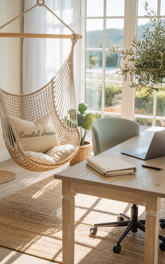 A bright home office with a natural rope hammock chair suspended near a window, featuring coastal-inspired décor.