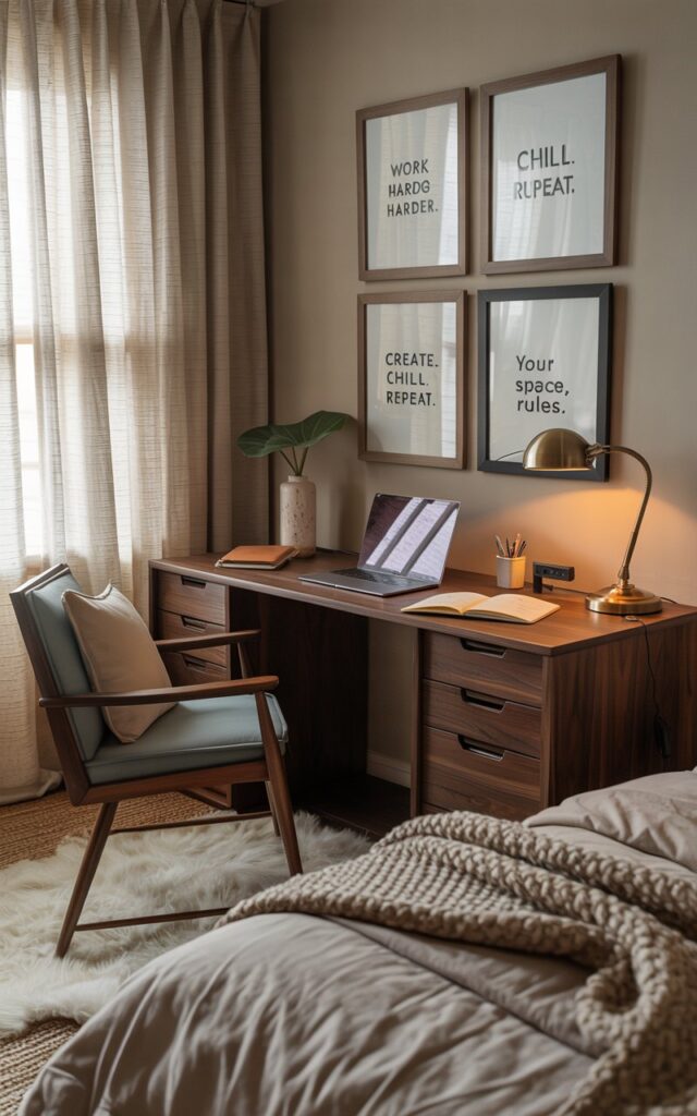 A home office with a dark walnut desk and three mismatched frames displaying inspiring quotes above it.