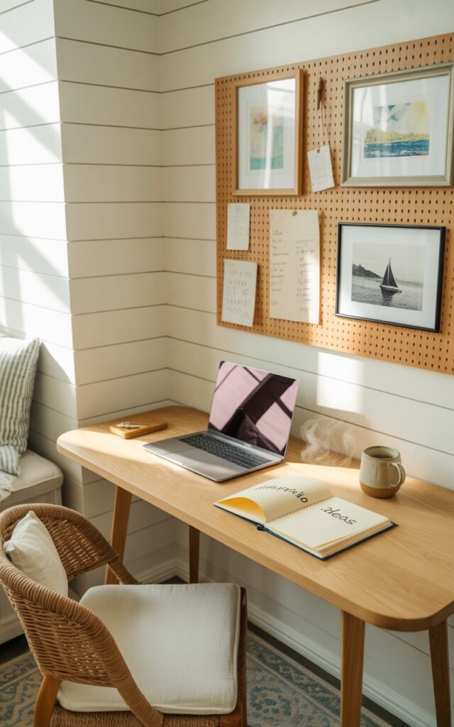 A coastal chic home office with a natural wood pegboard displaying art, notes, and photos above a light oak desk.