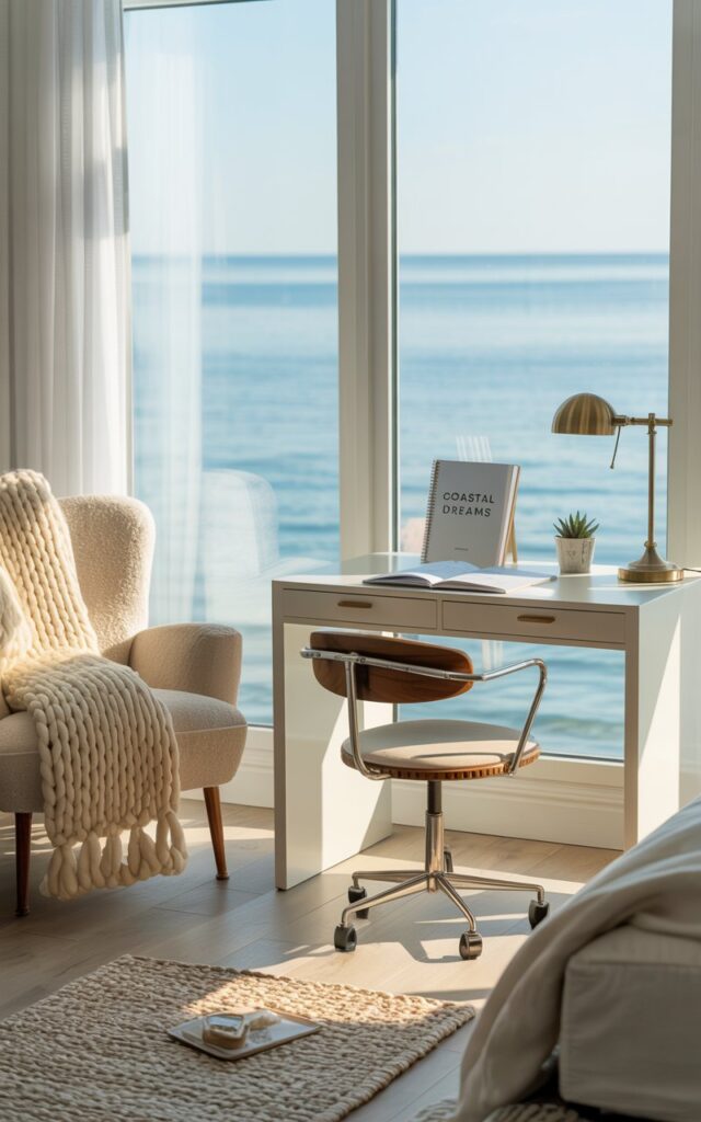 A serene coastal-inspired home office featuring a plush armchair draped with a chunky knit throw near a window overlooking the ocean.