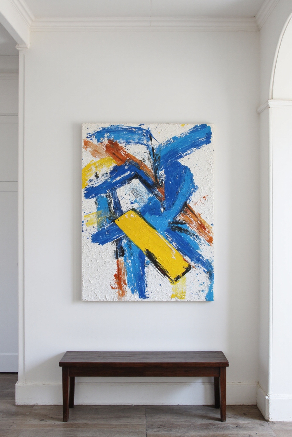 end of hallway decor - Gallery-Inspired Hallway Finale - A minimalist corridor ends with a vibrant abstract painting...