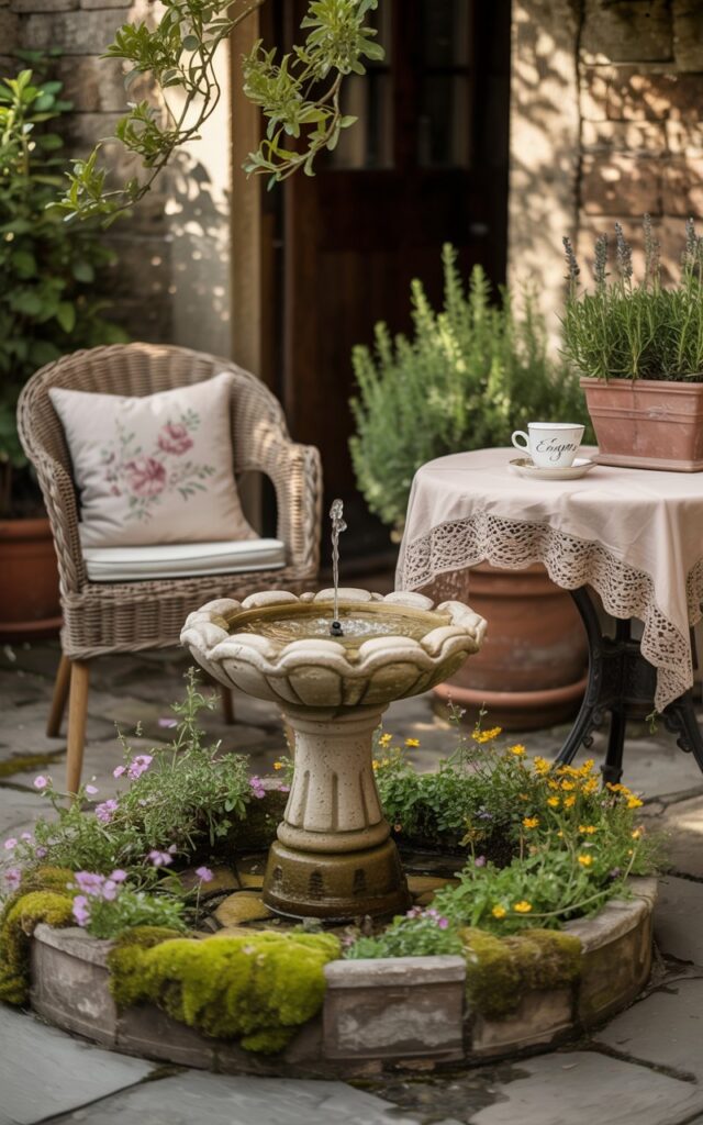 A quaint stone cottage patio featuring a small bubbling stone fountain surrounded by wildflowers and wicker chairs.