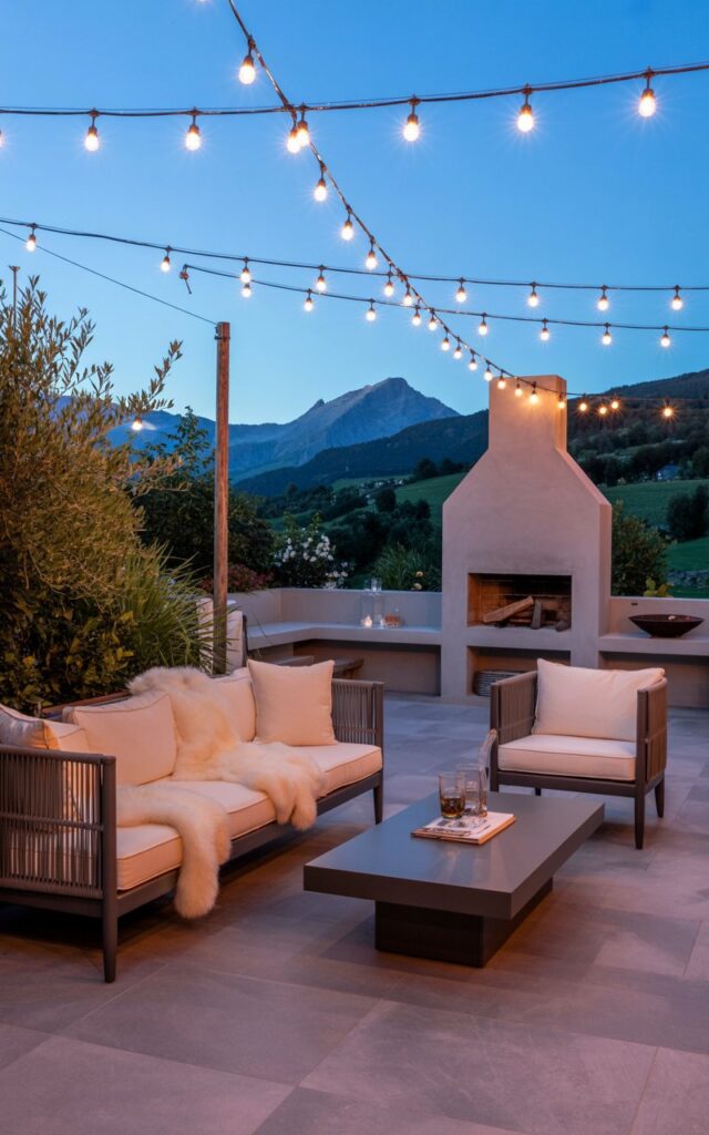 An outdoor patio glowing with solar-powered string lights draped over a lounge area featuring plush throws and a rustic fire pit.