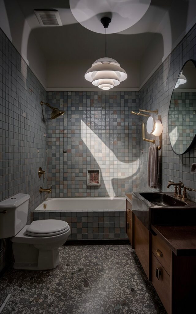 A photo of a mid-century modern bathroom with a sculptural pendant light hanging above a soaking tub. The light casts soft, moody shadows across the terrazzo floors and walnut cabinetry. The walls are lined with retro-inspired tiles in muted tones. There is brass fixtures, a rounded mirror, and playful pops of color. The bathroom has a toilet, vanity, etc. Natural light is not present.