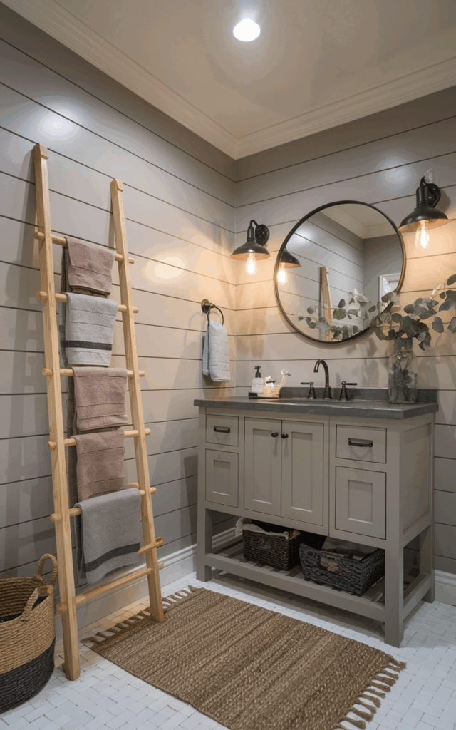 A cozy modern farmhouse bathroom with shiplap walls painted in greige and matte black fixtures. A slim wooden towel ladder in a natural finish leans casually against the wall near a vanity. Rolled or draped linen towels in muted tones hang from the rungs, adding texture and charm. The vanity is shaker-style with a stone countertop, paired with a round metal mirror and industrial sconces. Woven baskets, eucalyptus sprigs in a mason jar, and a jute rug complete the relaxed yet polished farmhouse look. Recessed ceiling has a pendant light (Warm light on).