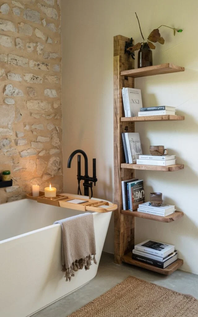 A photo of a modern rustic bathroom with a deep soaking tub nestled against a textured stone wall. Beside the tub, a small wooden bookshelf holds a curated mini library of design books, poetry collections, and a few well-worn novels. The shelf is crafted from reclaimed wood, complementing the warm, natural tones of the space. Earthy textures like a jute rug, linen towels, and black metal accents bring in the rustic vibe, while clean lines and minimal clutter keep it feeling modern. A small ceramic cup, candle, and cozy throw complete the perfect reading nook.