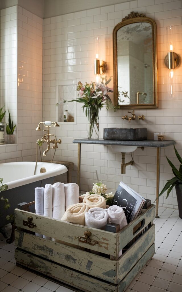 A photo of a vintage-inspired bathroom with modern touches. The bathroom has a bathtub, a distressed wooden crate filled with rolled white and cream towels, a few magazines, and a tall vase with flowers. The crate has worn paint and old metal handles. The bathroom has porcelain large tiles, brass fixtures, and sleek sconces with warm light. The vanity has a gilded vintage mirror and a vessel sink. There are a few plants in the bathroom. The natural light is soft and ambient.