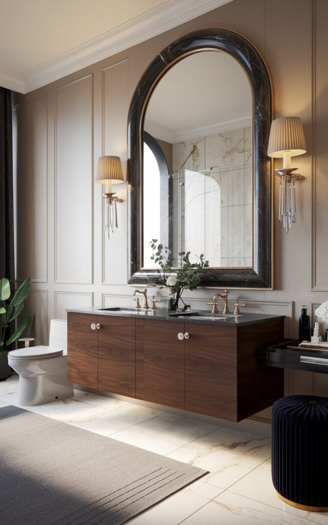 A photo of a modern regal bathroom with a bold yet refined design. The focal point is a large arched mirror with a thick, sculptural frame—either in brushed gold, lacquered black, or deep marble. The mirror hangs above a dramatic double vanity in rich walnut, topped with white stone or marble. Wall sconces with pleated or fluted shades flank the mirror, casting a soft, elegant glow. Panelled walls, oversized floor tiles, and luxurious details like crystal hardware or velvet-trimmed stool complete the stately yet contemporary atmosphere. The bathroom has a toilet, a few plants, floor rug, etc. Natural light is soft, ambient.