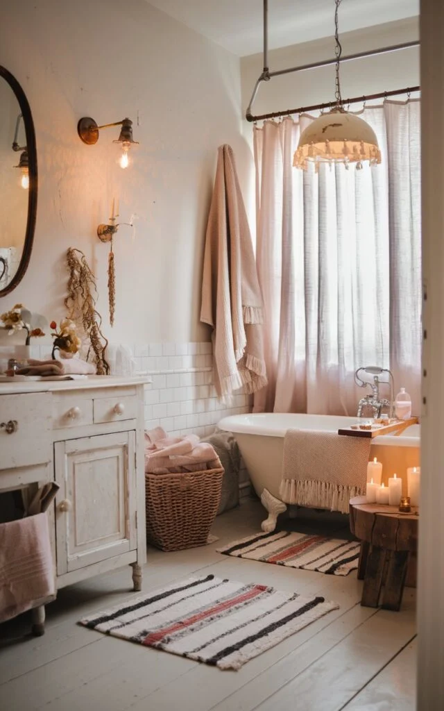 A photo of a cozy Scandi + shabby chic bathroom that radiates hygge warmth. The space is filled with soft, layered textiles—waffle-knit towels, a fringed linen curtain, and a plush rug over pale wood floors. Ambient lighting comes from a mix of sources: a soft-glow pendant lamp, a few wall sconces with distressed finishes, and candles placed on a wooden stool near the tub. The color palette includes chalky whites, dusty pinks, and warm neutrals. A vintage mirror, whitewashed cabinetry, and woven baskets complete the look, blending Scandinavian minimalism with the romantic softness of shabby chic.