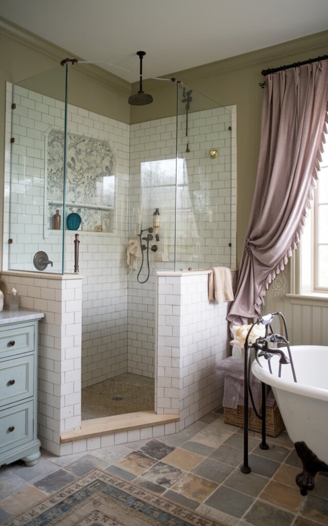 A photo of a charming French country bathroom with soft, romantic details and a muted pastel palette. The walk-in shower is enclosed with a graceful half-wall topped with clear glass, accented by traditional tilework like subway or hand-painted patterns. It features vintage-style black iron hardware. The walls are limewashed or clad in beadboard, and the floor features aged-look stone tiles. Add a ruffled linen curtain, a clawfoot tub nearby, and antique brass fixtures for a cozy, countryside elegance. The bathroom has a vanity, floor has rug, etc. Natural light is soft, ambient.