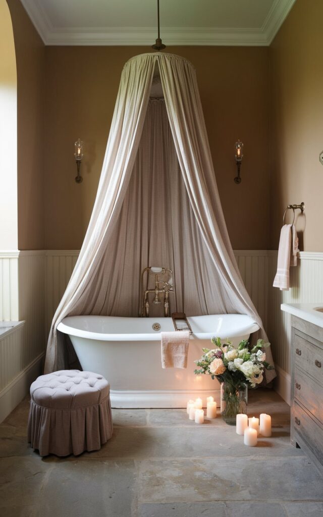 A photo of a spacious modern English countryside bathroom with a freestanding tub. The tub is surrounded by a light, flowing fabric canopy in muted ivory. The walls are painted in warm neutrals and have beadboard or paneling below. The floor is made of natural stone. There is an antique brass fixture and a classic wooden vanity in the room. A tufted stool, a vase of fresh garden flowers, and flickering candles are also present.