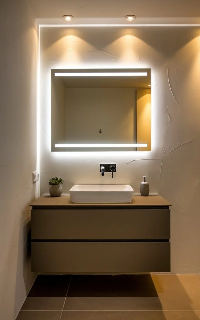 A contemporary, fully furnished bathroom with a sleek, backlit mirror mounted above a modern floating vanity. The mirror emits a soft, ambient glow, illuminating a white or light-gray wall with subtle texture. The vanity features clean lines, a matte finish, and a rectangular vessel sink. Chrome fixtures add contrast. The countertop is clutter-free, with minimal accessories like a small potted plant and a hand soap dispenser. Warm recessed lighting and large floor tiles complete the polished, spa-like atmosphere.
