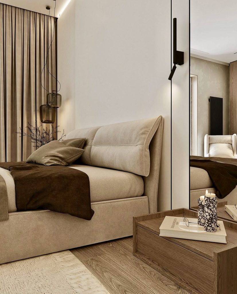 Neutral toned bedroom with warm textures