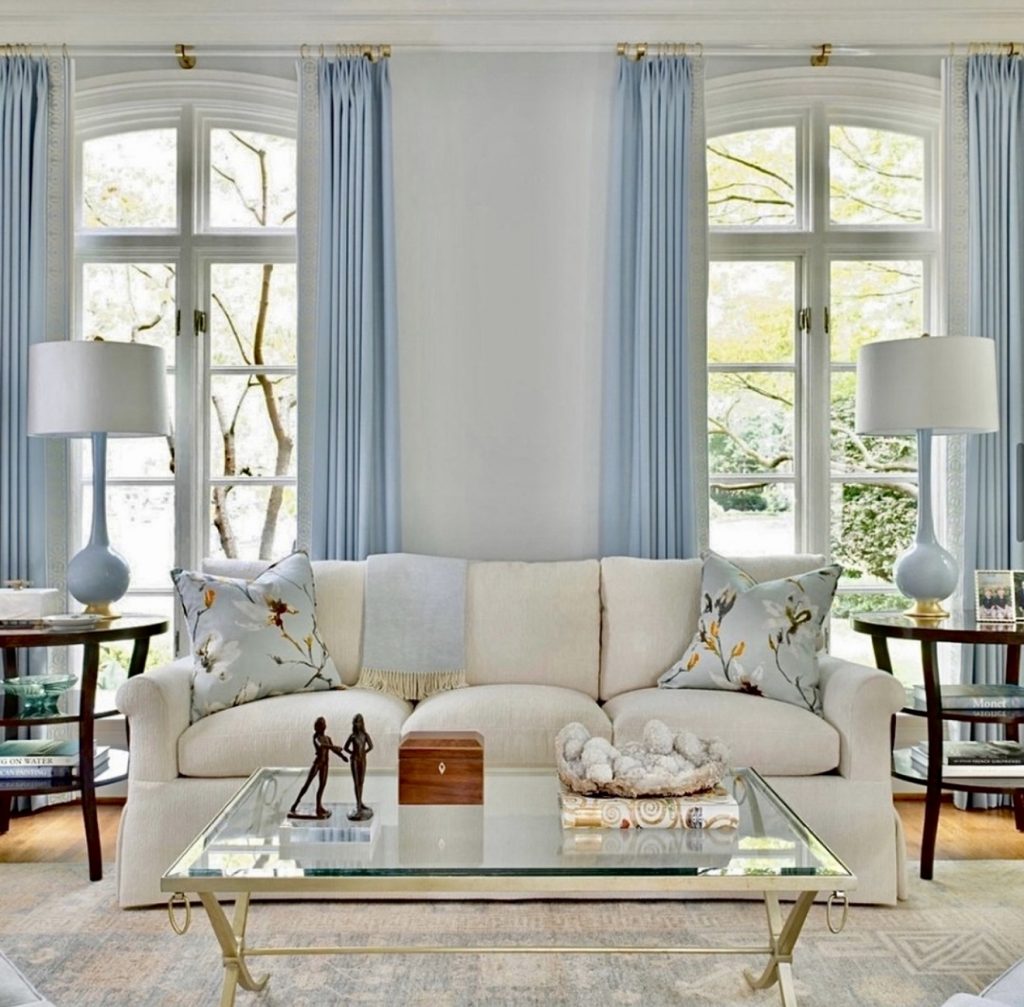 Coastal kitchen with cream sofa and sky blue accents