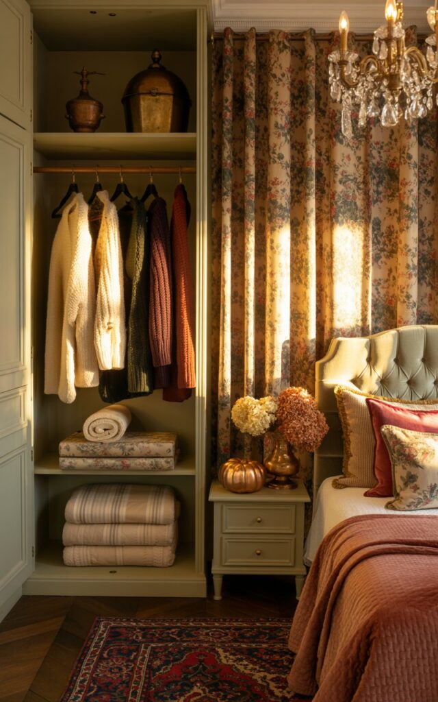 A luxurious bedroom with an open wardrobe displaying folded chunky knit sweaters in autumnal colors alongside elegant furnishings.