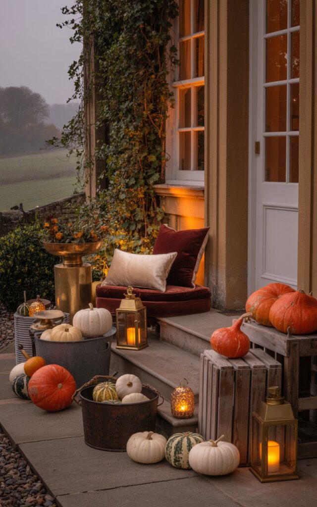 An English countryside porch at dusk with a layered arrangement of pumpkins in various sizes and colors, velvet cushions, and lanterns.